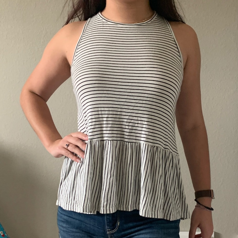 High Neck Striped Peplum Tank Top